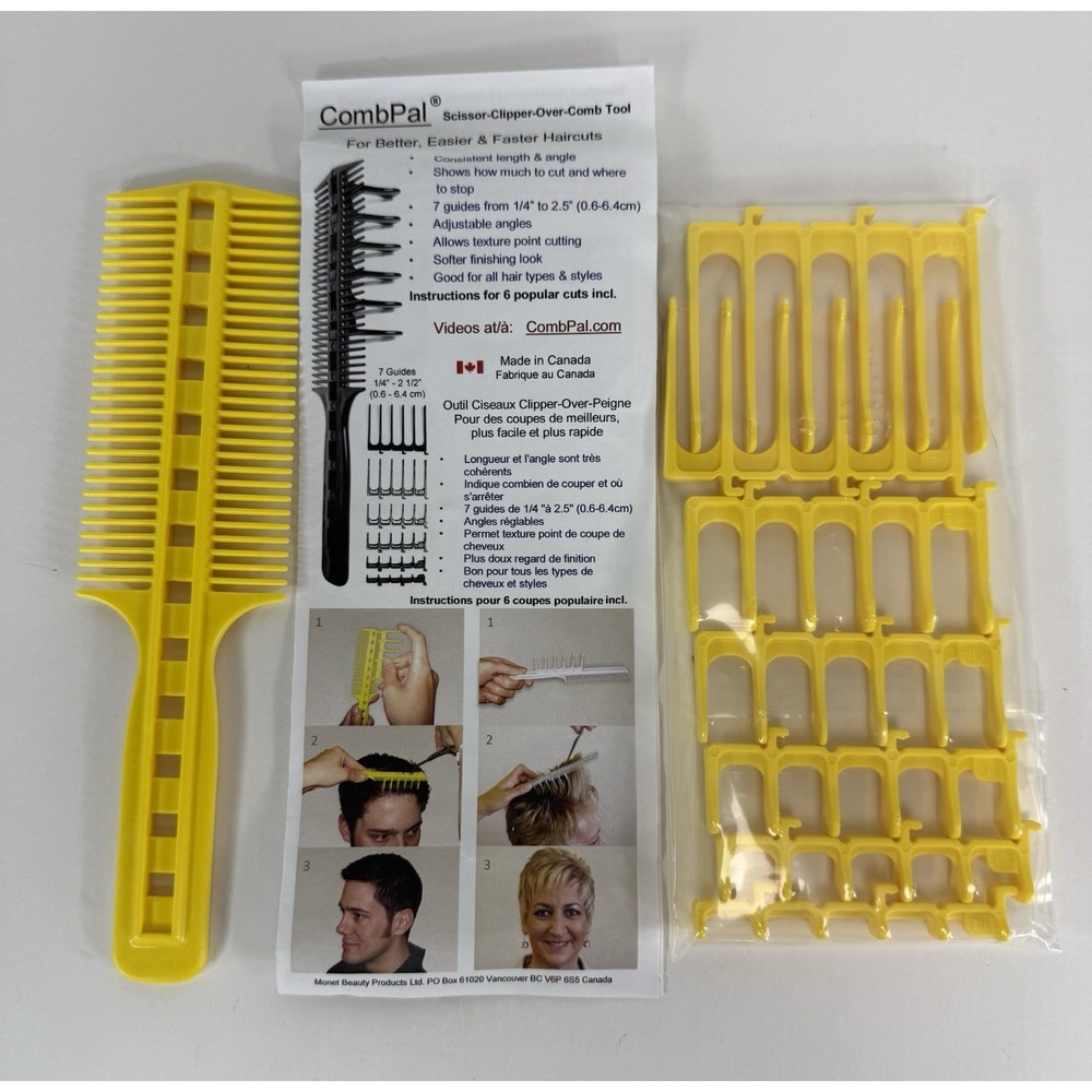 CombPal scissor-clipper-over comb hair-cutting kit with guide attachments Yellow